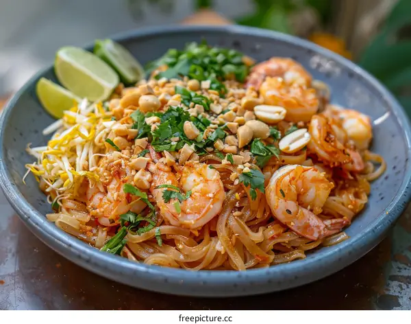 Pad Thai with shrimp, peanuts, and lime