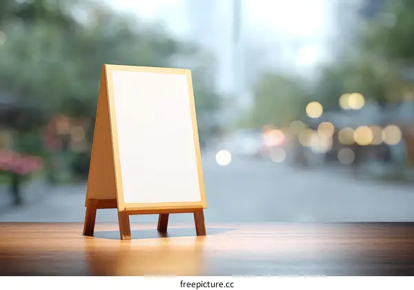 Blank Sign Display Stand Against Blurred Cityscape