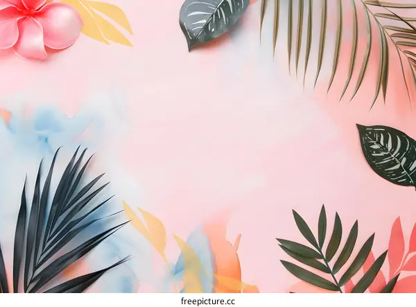 Tropical Leaves and Flowers on Pink Background
