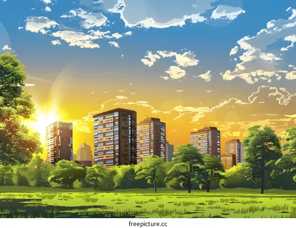 Cityscape Illustration With Sunrise and Green Trees