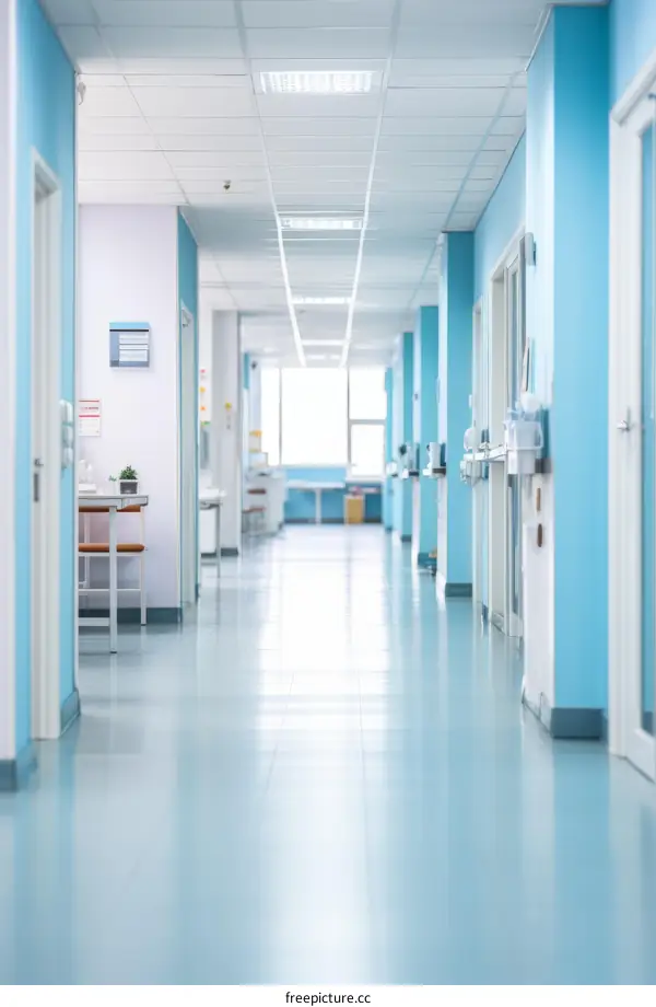 Blue hospital hallway with blue walls and blue floor