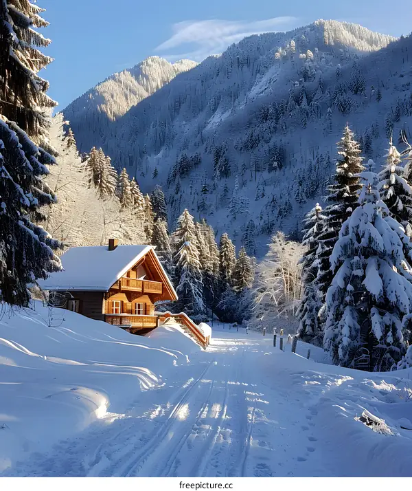 A wooden house in a snowy forest