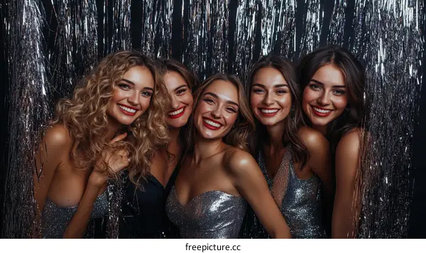 Five Beautiful Women in Sparkling Silver Dresses