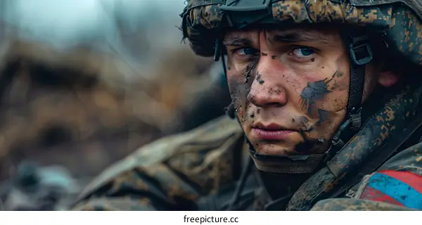 Portrait of a soldier with mud on his face