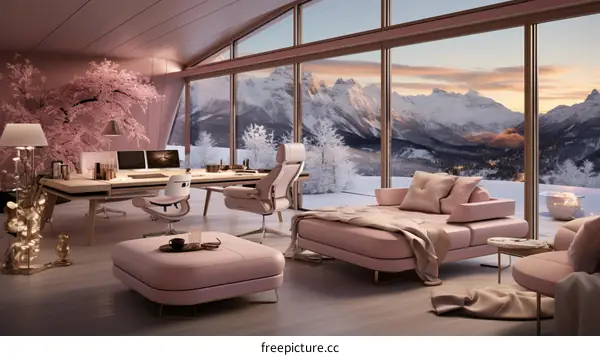Pink home office with stunning mountain views