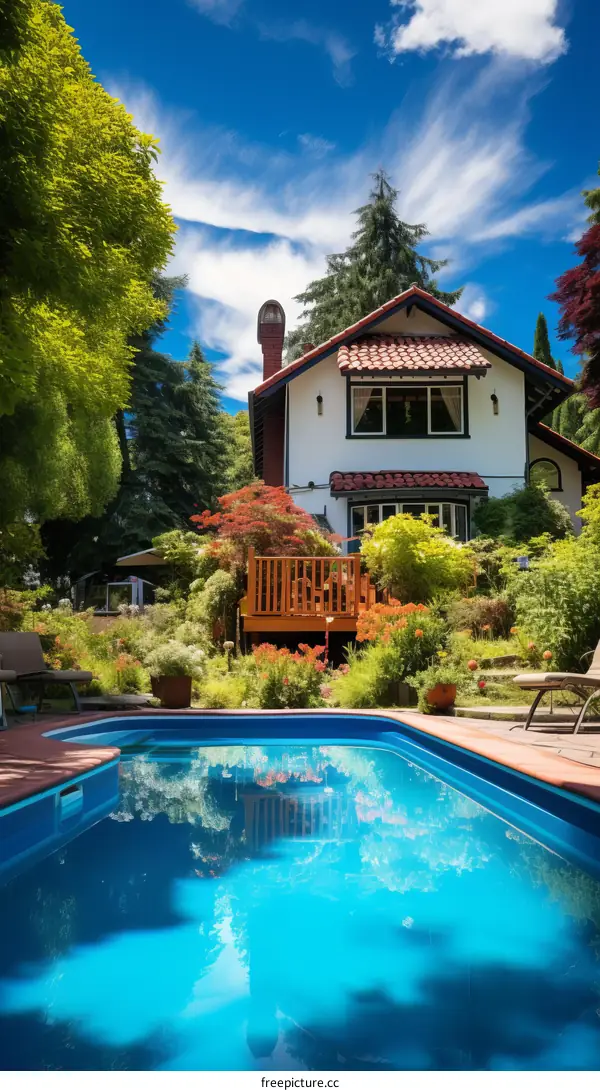 An illustration of a beautiful house with a pool in the backyard