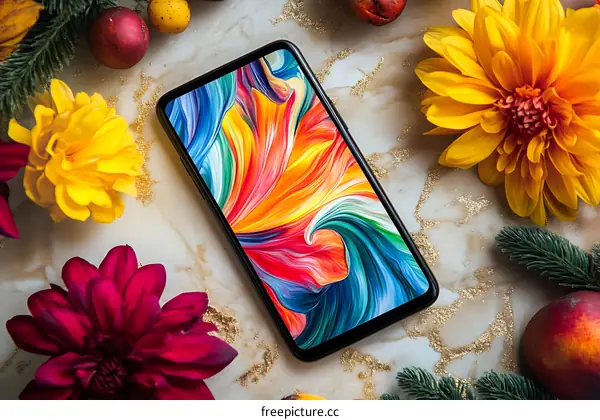 Colorful Abstract Art on Smartphone Screen with Flowers Background