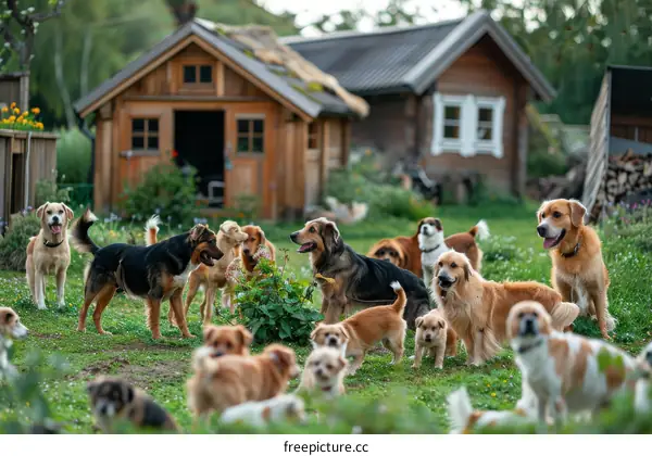 A group of dogs playing in the backyard of a house