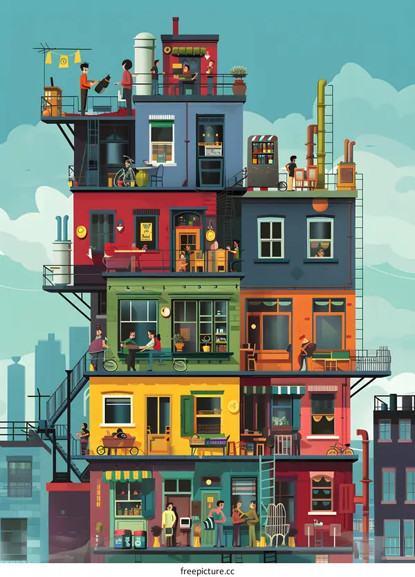 Stacked Up City Life Illustration