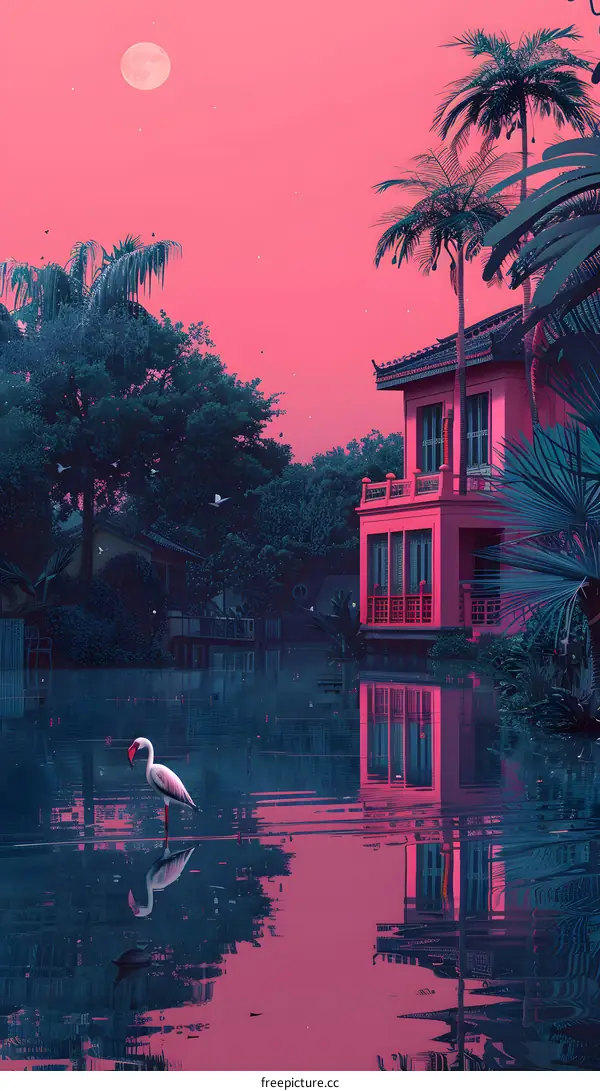 Pink Sunset with Palm Trees and a Flamingo on a Lake