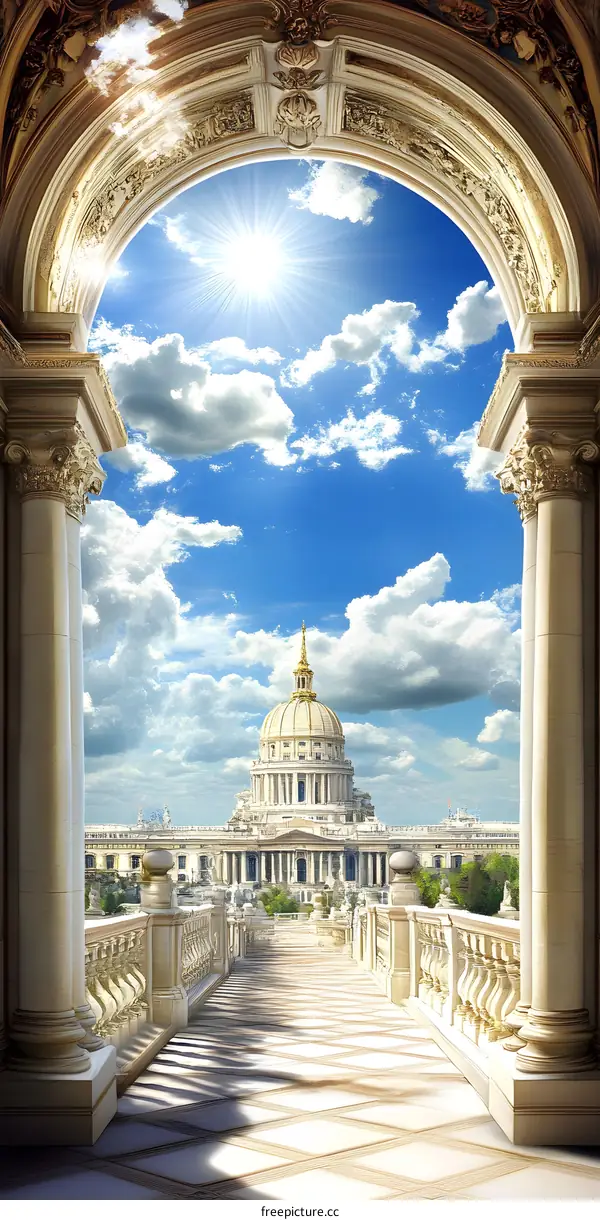 Classic Archway Leading to a Majestic Building with a Golden Dome