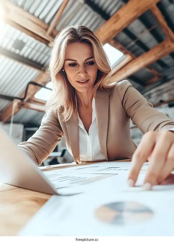 Businesswoman Analyzing Financial Data Documents at Desk