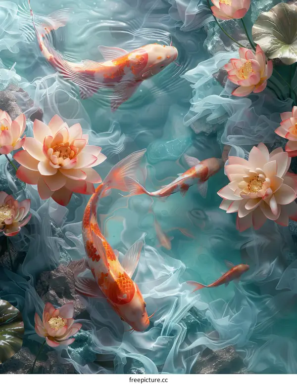 Colorful锦鲤鱼游弋在荷花池塘