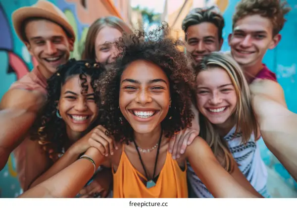 A group of diverse teenagers smiling and posing for a selfie