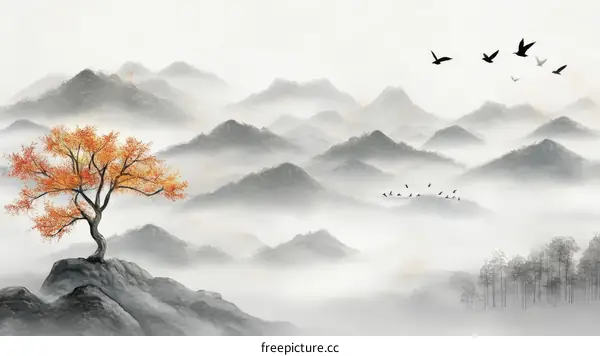 Misty Mountains and Solitary Tree Landscape Illustration