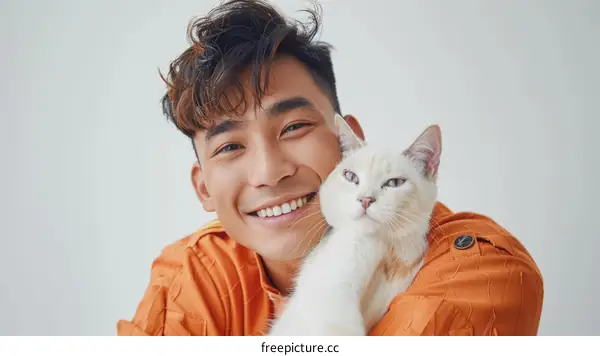 A smiling young man with a cat