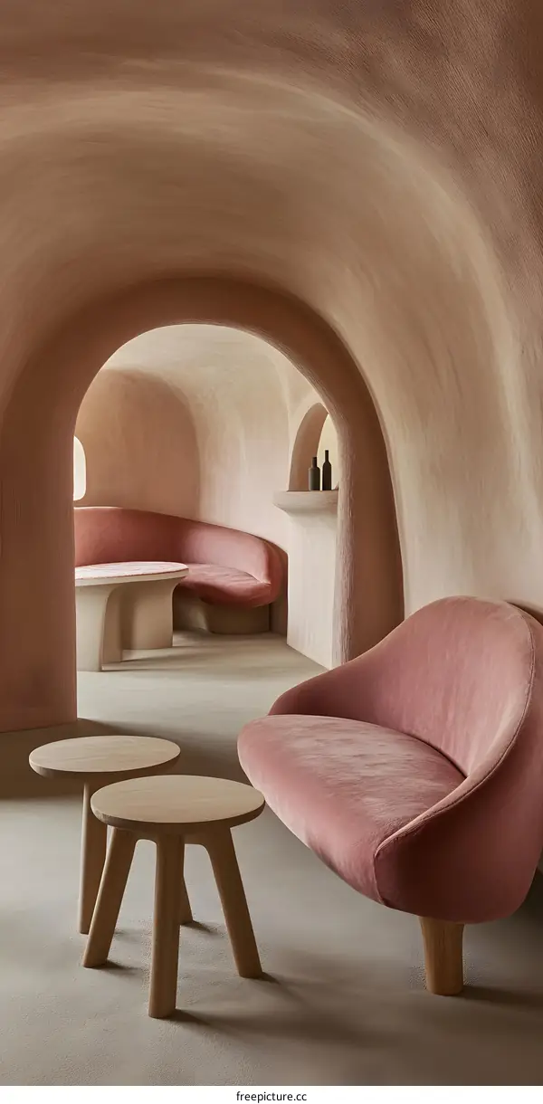 Curved Interior Design With Pink Sofa And Wooden Tables