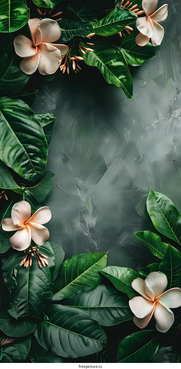 Green Leaves and Pink Flowers on Dark Background