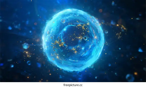 Vibrant Blue Glowing Sphere with Particles in Deep Space