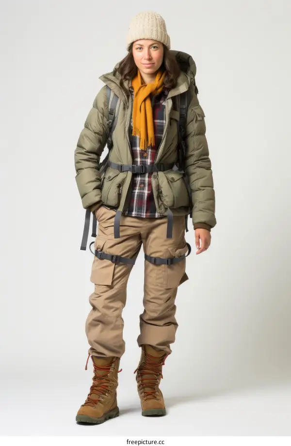 Woman wearing a green jacket, brown pants, and a yellow scarf