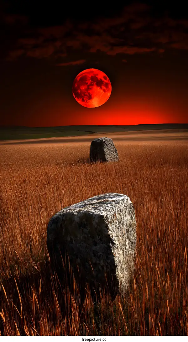 Red Blood Moon Over Field with Stones