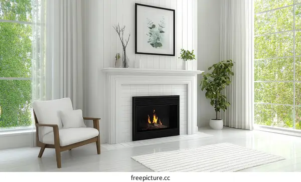 Modern White Living Room with Fireplace and Plants