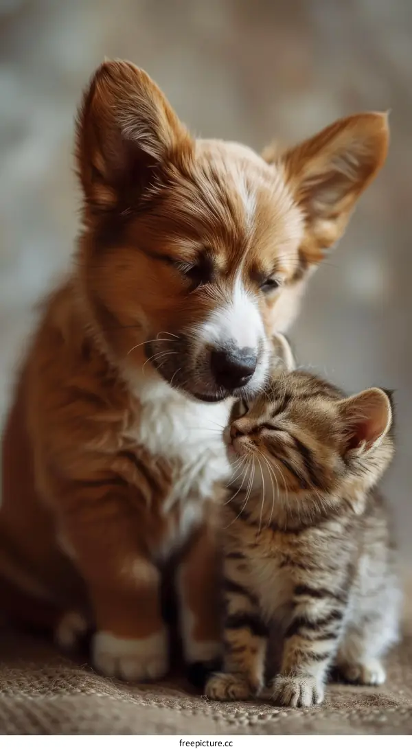 A cute puppy and a kitten are cuddling together