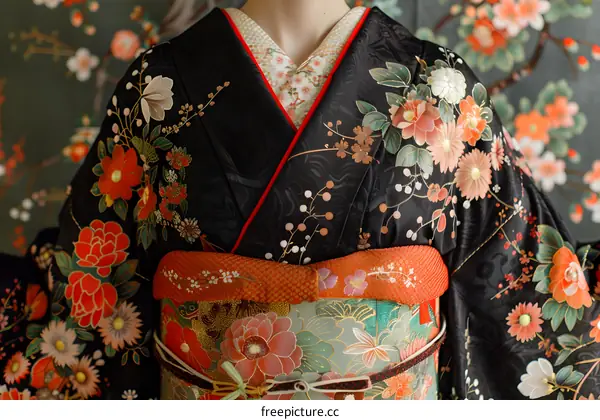 A woman wearing a kimono with a floral pattern