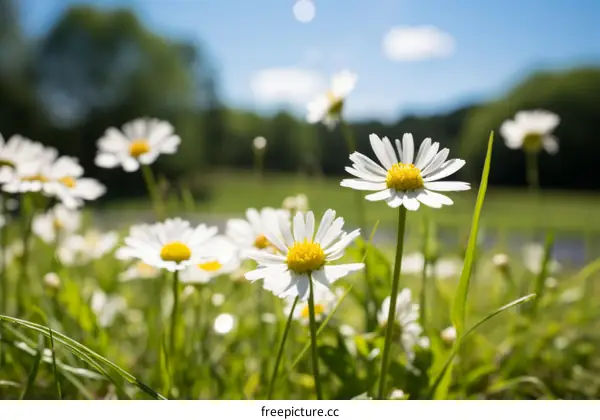 Close-up of a field of daisies with a blurred background