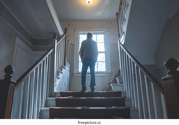 Man standing on the stairs looking out the window
