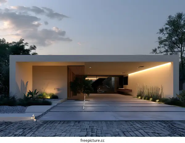 Modern House Exterior Design With Wooden Accents At Dusk