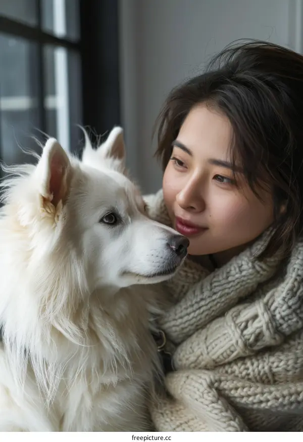 A young woman and her white dog are sitting by the window