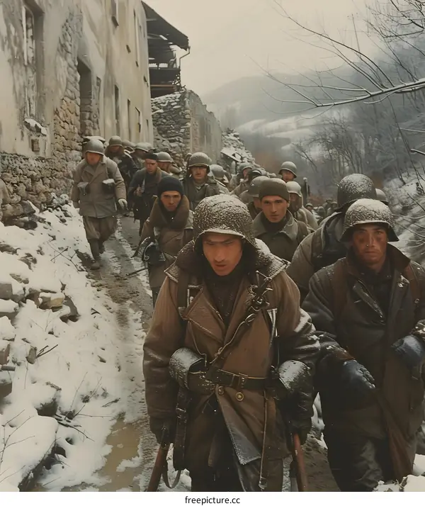 A group of soldiers walking through a snowy village during the war