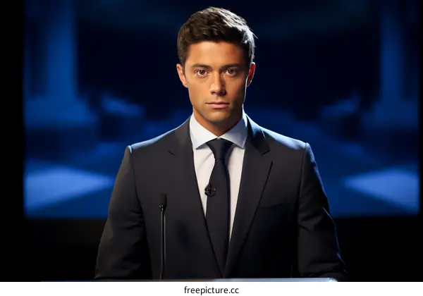 Young male news anchor in a suit and tie standing at a podium