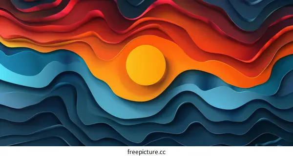 Sunset over the ocean in paper cut style