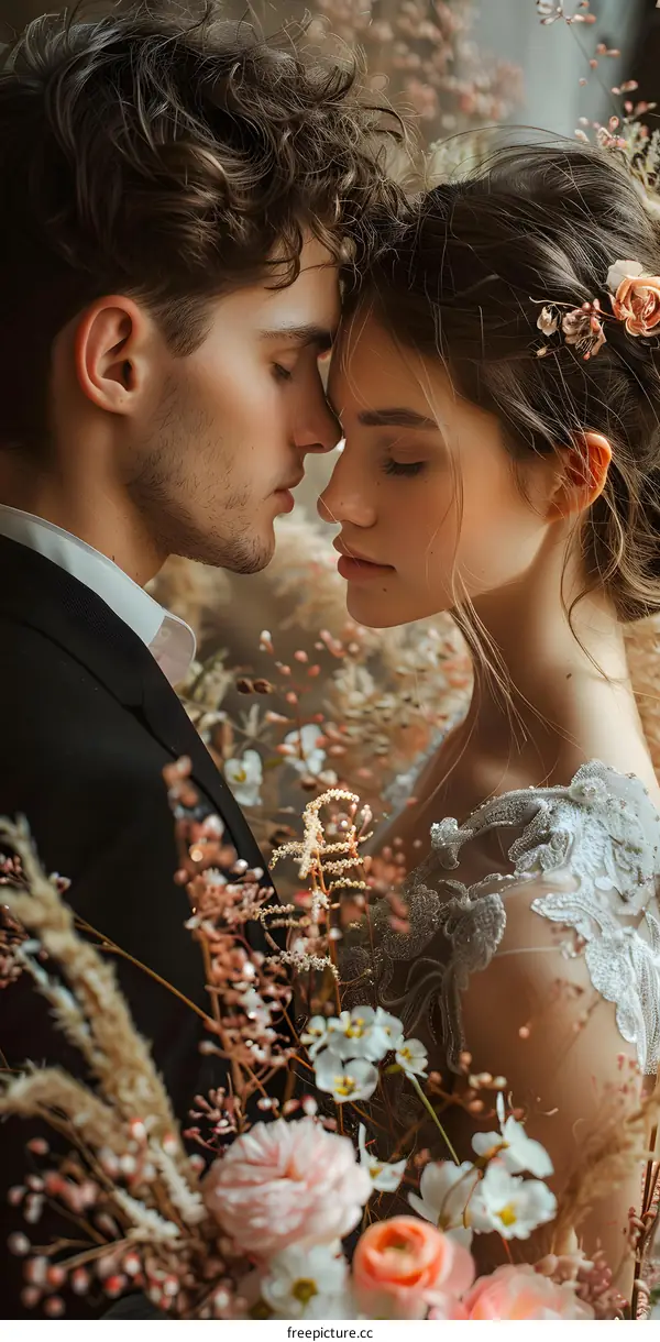 A loving couple on their wedding day