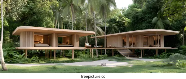 Tropical Wooden House Design with Curved Roof
