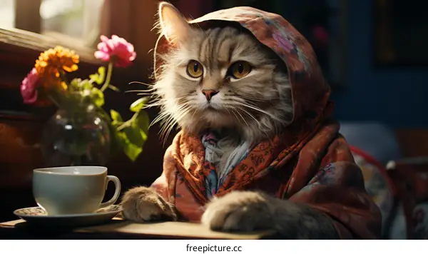 A cat wearing a floral headscarf is sitting at a table with flowers and a cup of tea.