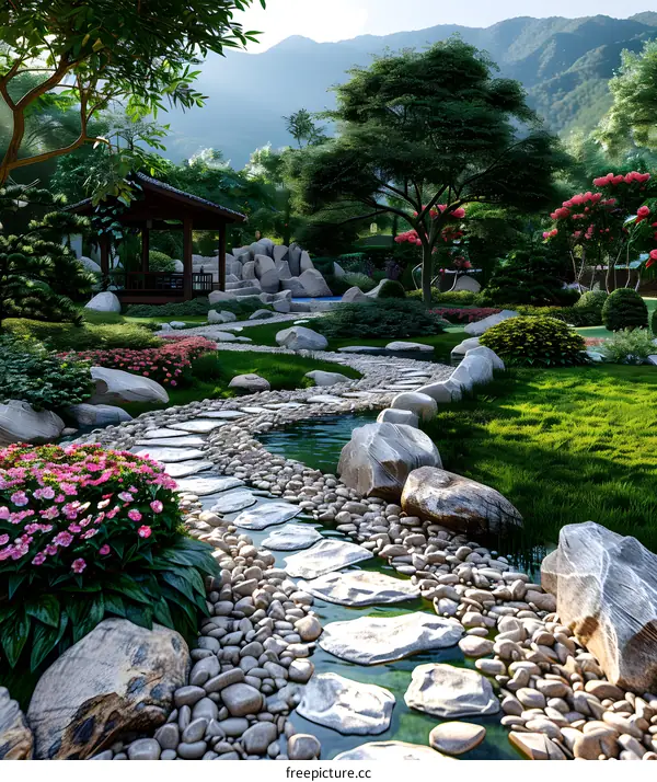 Pebble path in a Zen garden with a pavilion and a mountain backdrop