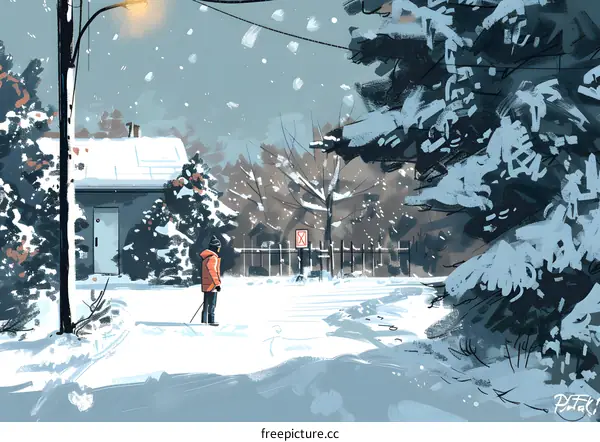Snowy Winter Day Illustration with Person in Red Jacket