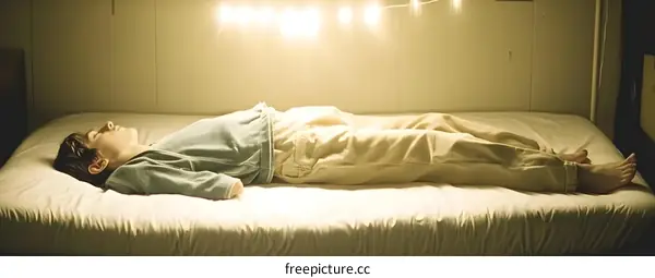 Young Man Lying in Bed with String Lights Above Him