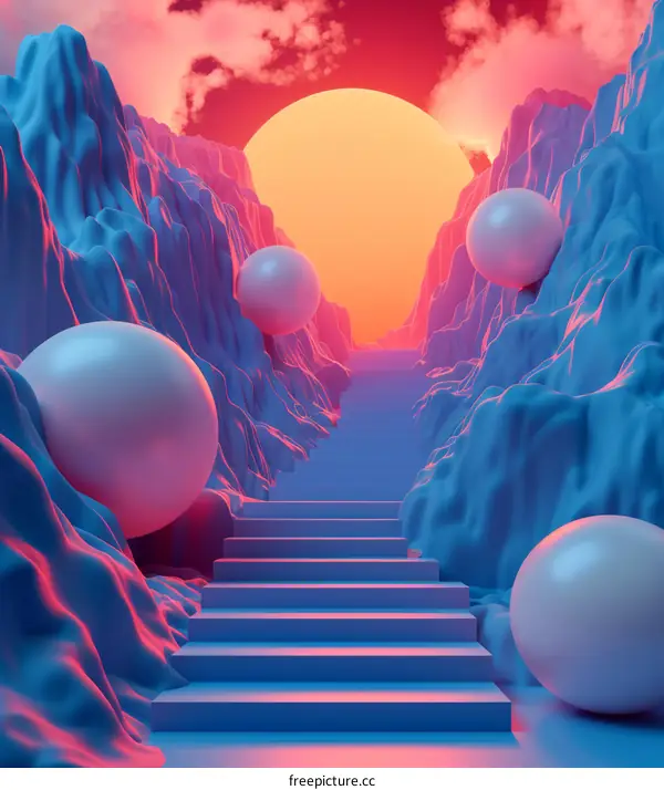 3D stairs spheres sunset illustration
