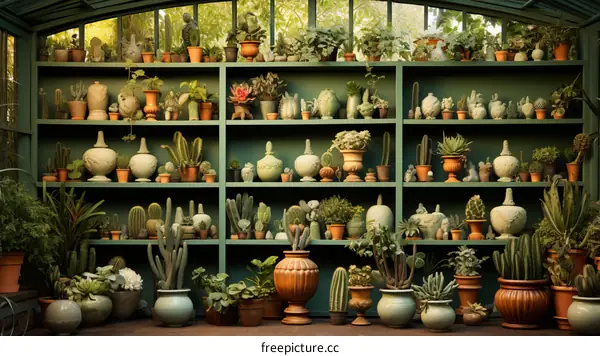 An abundance of plants and pots line the shelves of a greenhouse.