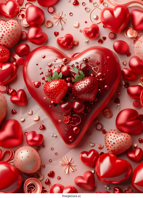 A red heart-shaped cake with strawberries and other decorations