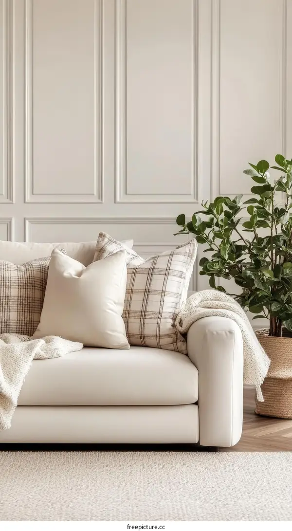 Cream Sofa with Plaid Pillows in a Classic Room