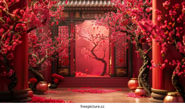 Tranquil Chinese Courtyard with Red Walls and Pink Plum Blossoms