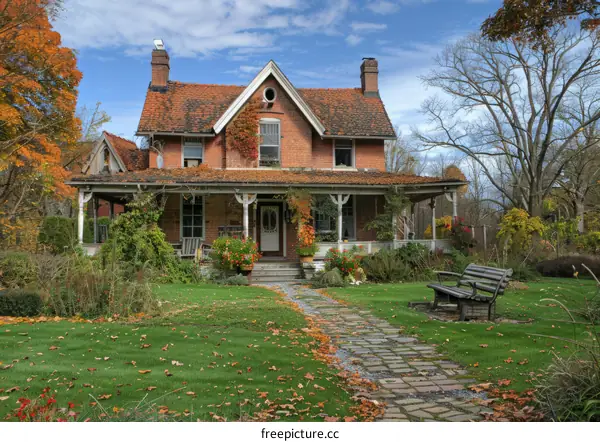 Charming Rural Country House with Porch and Garden in Autumn