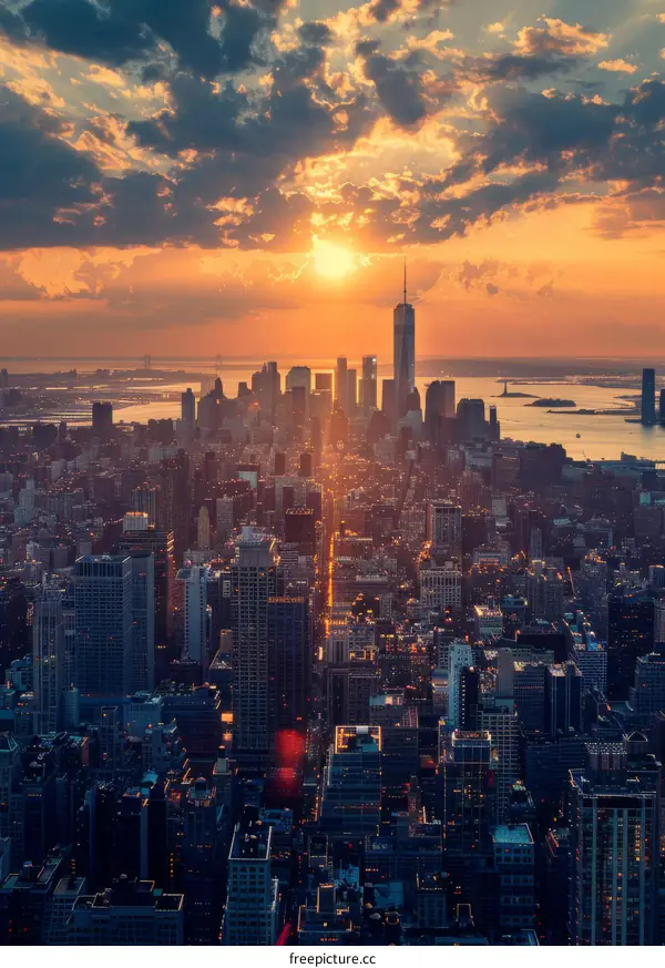 Sunset Skyline Panorama Over Manhattan NYC