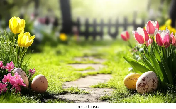 Easter Garden Pathway with Flowers and Eggs