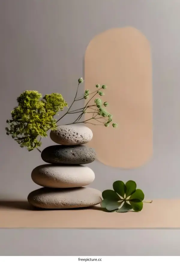 Stacked Stones with Green Flowers and a Leaf on a Beige Surface